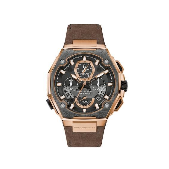 Men's Bulova Precisionist X Rose-Tone Chronograph Brown Leather Strap Watch with Black Dial (Model: 98B356) Product Image