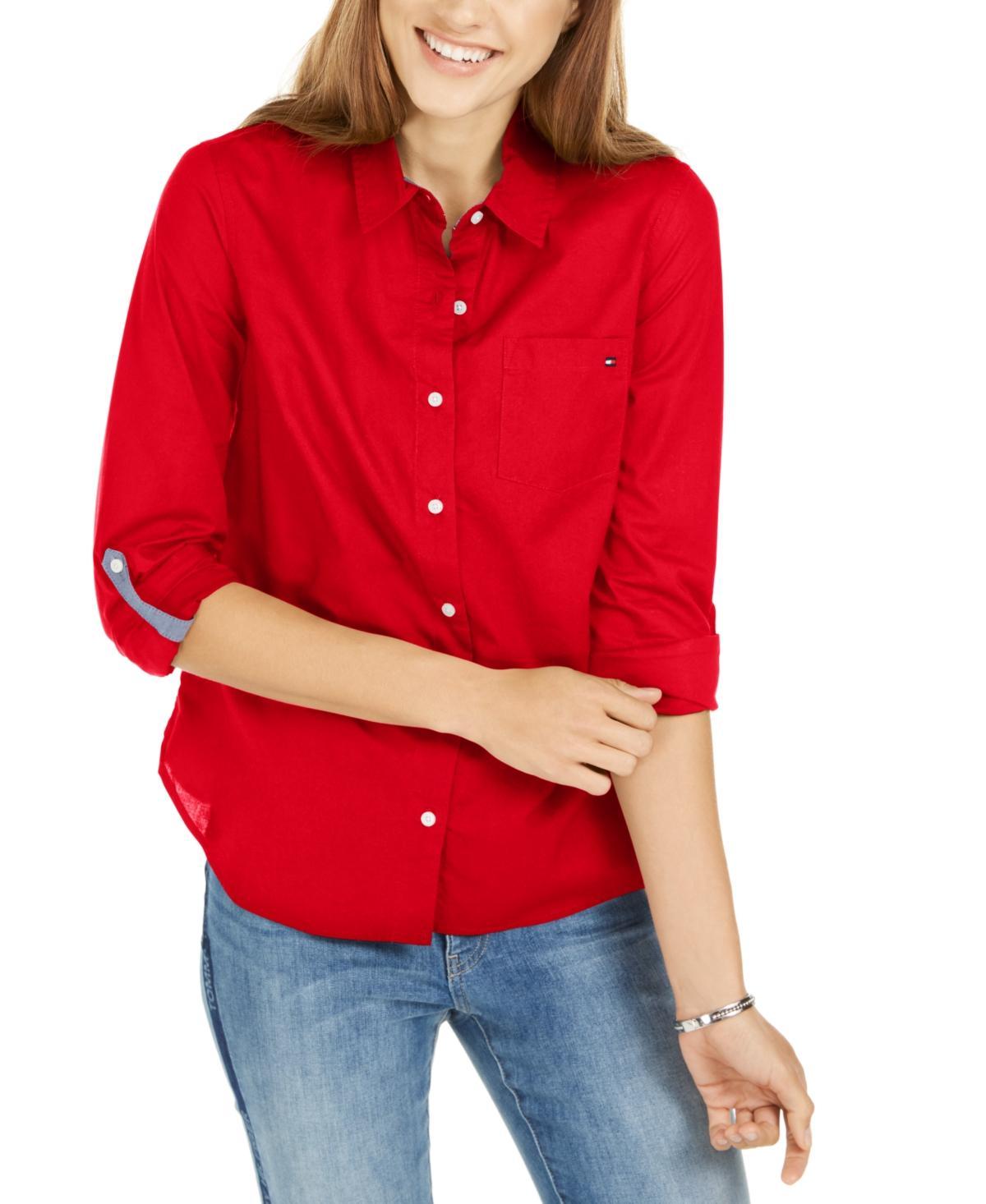 Tommy Hilfiger Womens Cotton Roll-Tab Button-Up Shirt Product Image