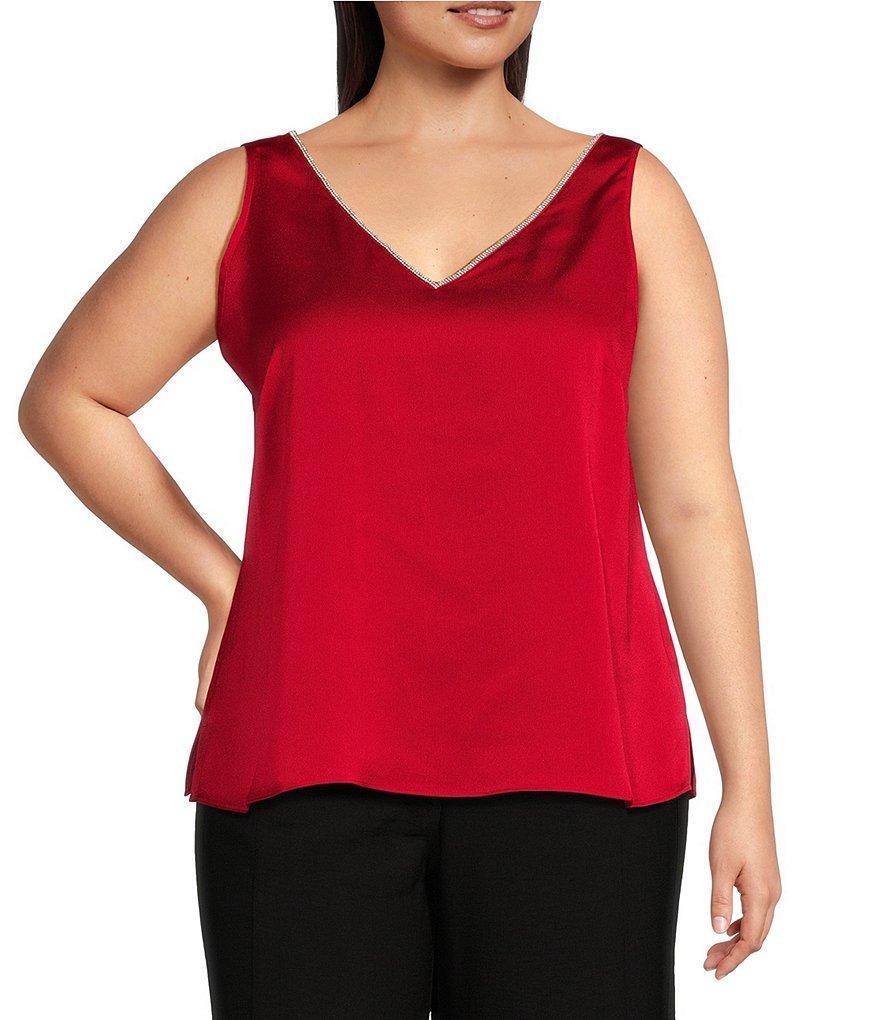 Vince Camuto Plus Size Hammered Satin V-Neck Sleeveless Rhinestone Trim Tank Top product image