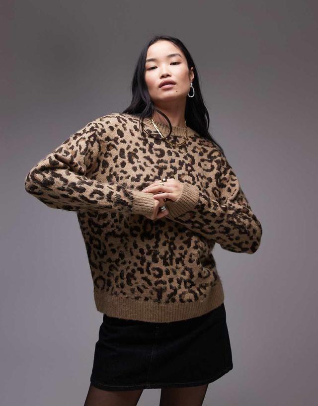 Mango oversized round neck sweater in leopard print Product Image