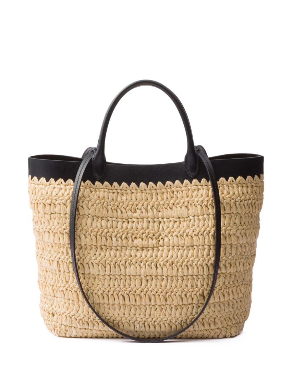 PRADA Leather-trimmed Woven Tote Bag In Beige Khaki Product Image