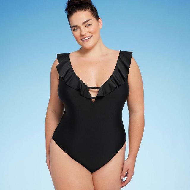 WomensRuffle Plunge One Piece Swimsuit - Shade & Shore Black XL: Cheeky Cut, Adjustable Straps, V-Neck Product Image