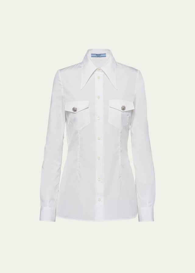 Poplin Long-Sleeve Top with Crystal Buttons Product Image