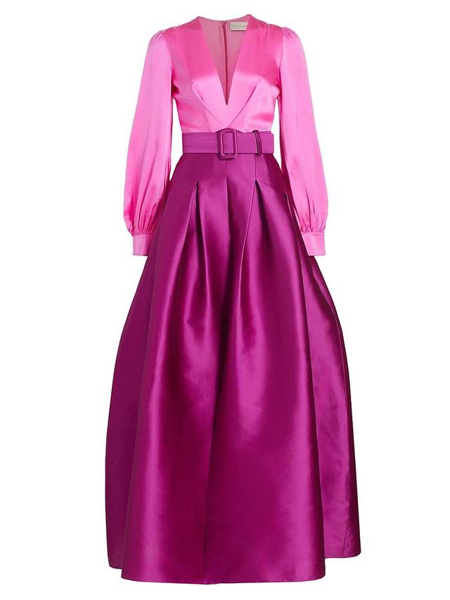 Womens Zoe Satin Colorblocked Belted Gown Product Image