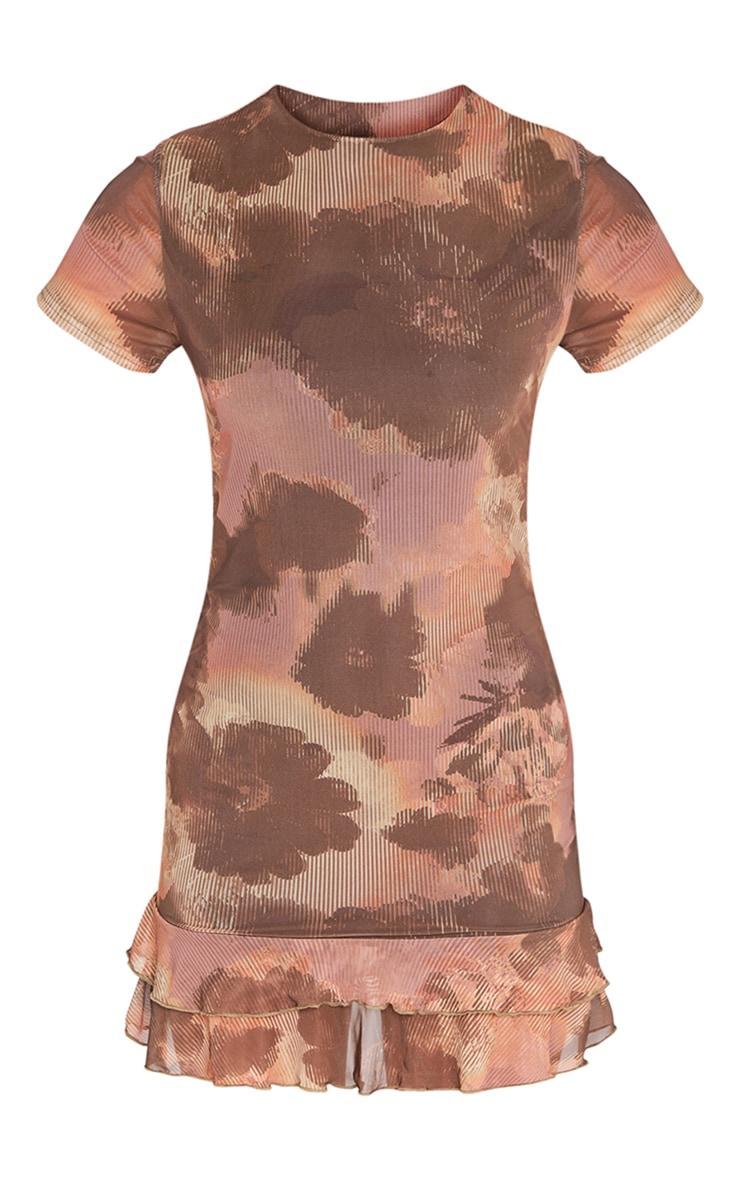 Brown Floral Print Tiered Short Sleeve Shift Dress Product Image