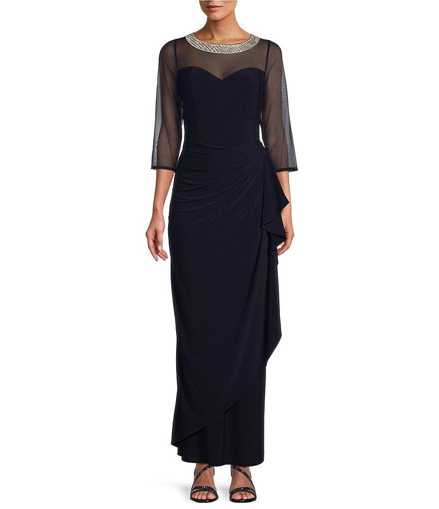 Alex Evenings Illusion Mesh 3/4 Sleeve Round Neck Side Slit Ruched Gown Product Image