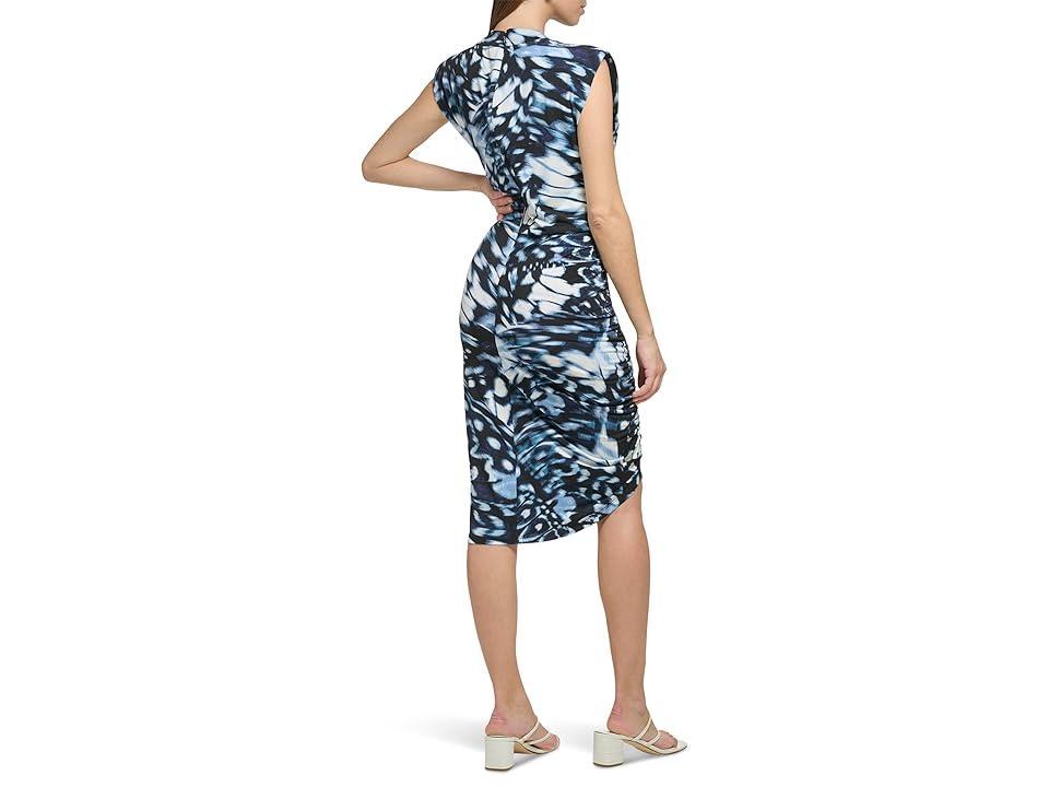 Calvin Klein Printed Sleeve Less Ruched Dress (Twilight Multi 2) Women's Clothing Product Image