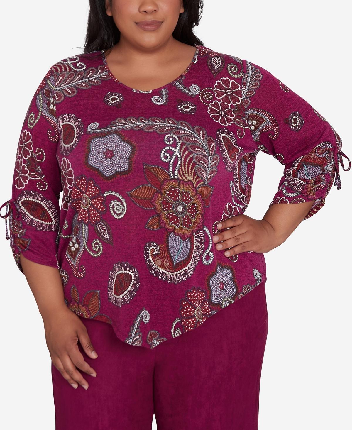 Plus Size Alfred Dunner Three Quarter Drawstring Sleeves Floral V-Neck Top, Womens Product Image