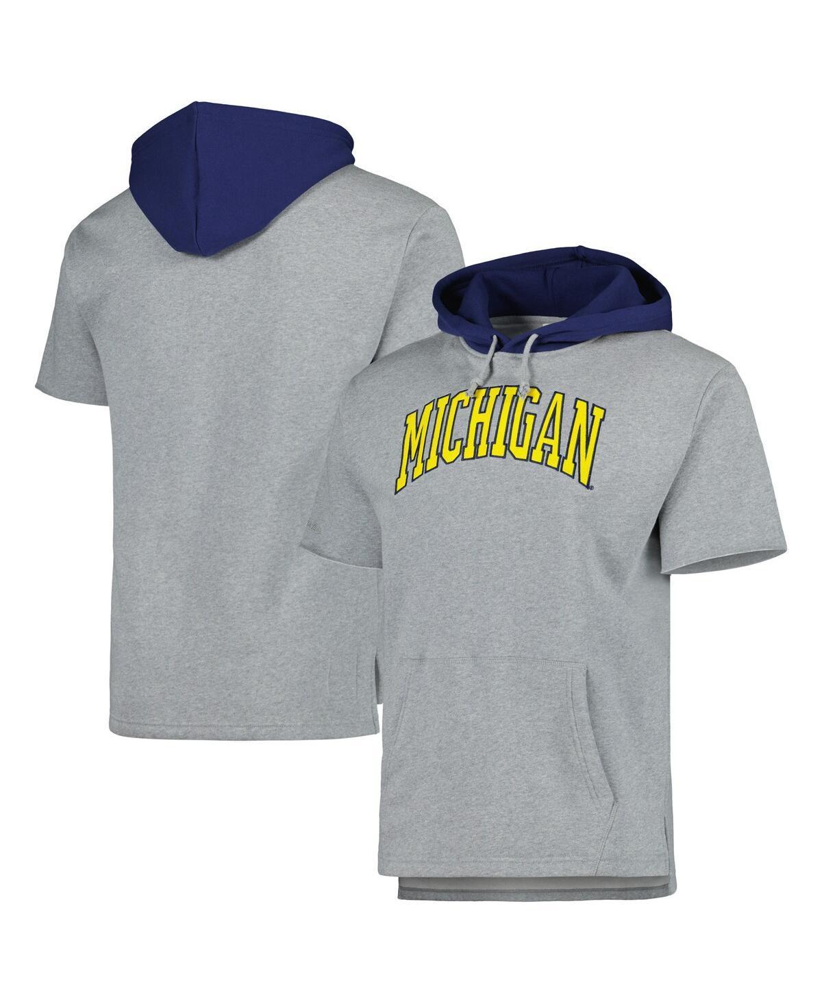 Mens Mitchell & Ness Heather Gray Michigan Wolverines PostgameShort Sleeve Pullover Hoodie Product Image