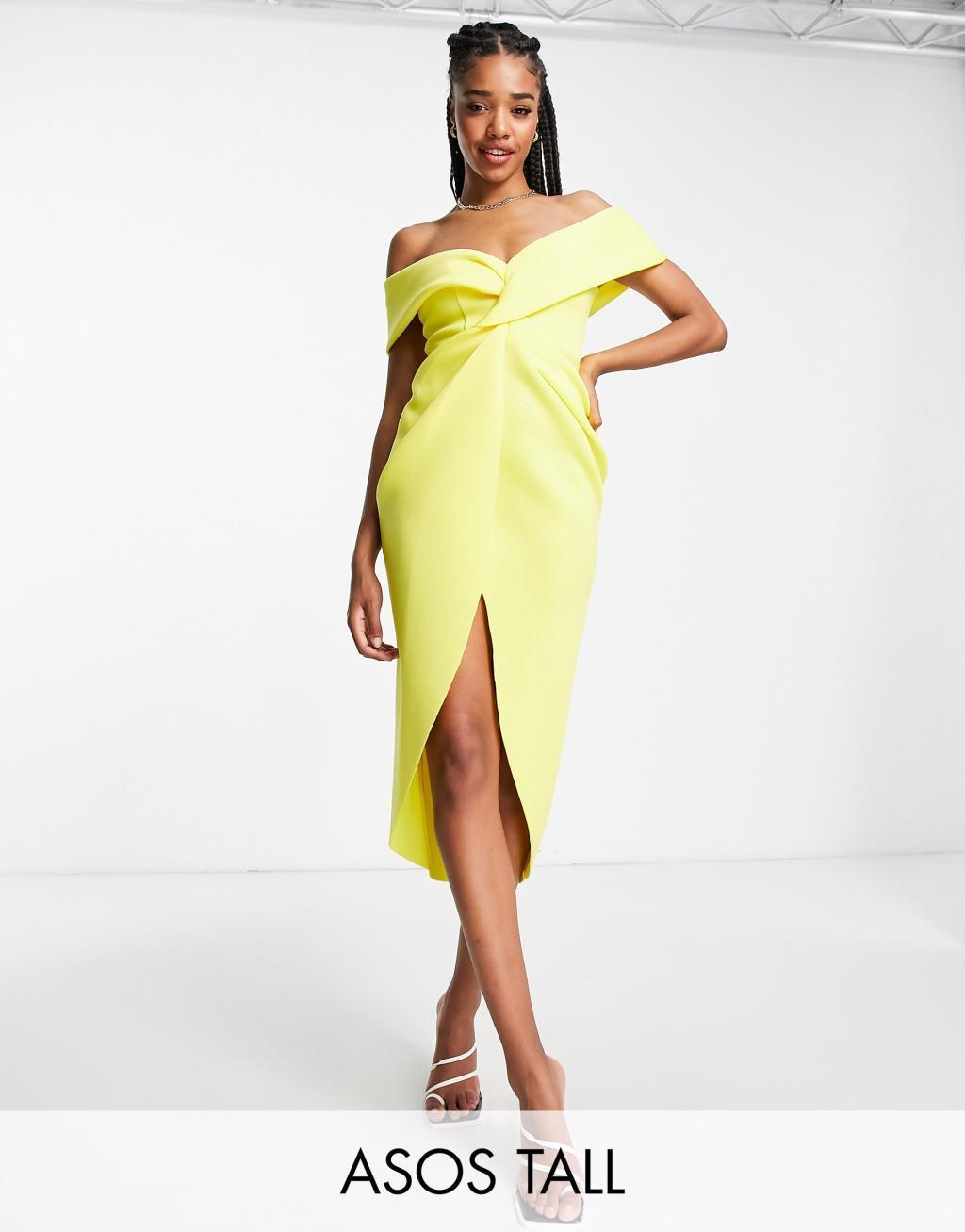 ASOS DESIGN Tall off shoulder twist front wrap midi pencil dress in lemon Product Image