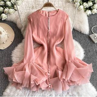 Ruffle Sleeve Round Neck Button Up  Mini Dress Product Image