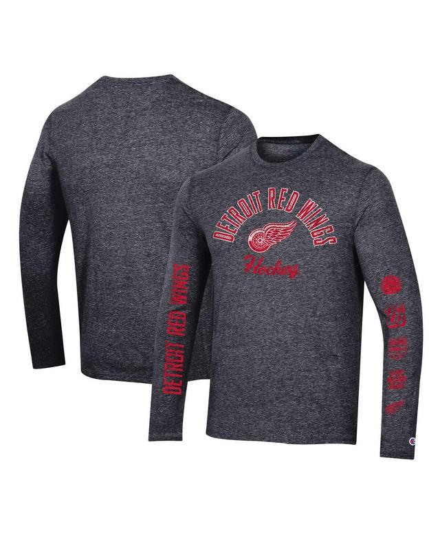 Mens Champion Heather Black Distressed Detroit Red Wings Multi-Logo Tri-Blend Long Sleeve T-shirt Product Image