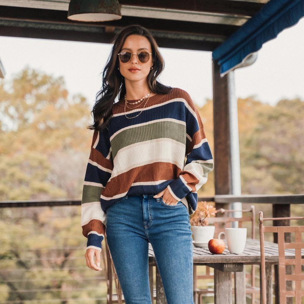 Women's Striped Drop Shoulder Sweater - Cupshe-L-Multicolored Product Image