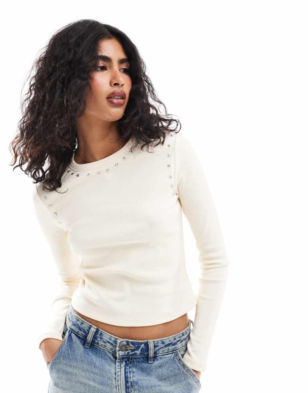 ASOS DESIGN star studded long sleeve top in cream Product Image