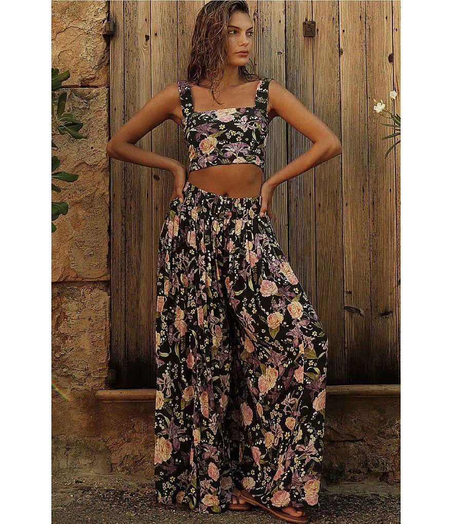 Agua Bendita Hanne Floral Print Wide-Leg Smocked Pleated Coordinating Pant Product Image