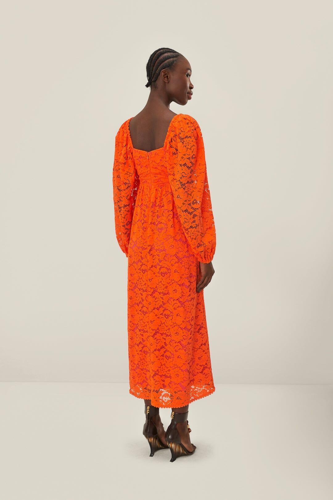 Orange Lace Long Sleeve Midi Dress Product Image