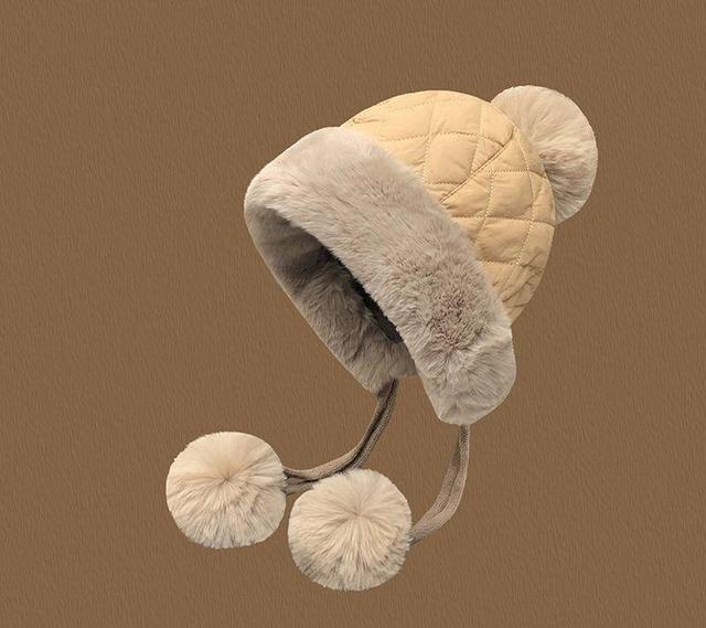 Pom Pom Fluffy Trim Quilted Trapper Hat Product Image