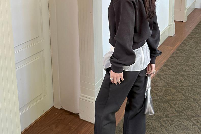 Long-Sleeve Off-The-Shoulder Plain Zip Pullover / Mid Rise Plain Wide Leg Sweatpants Product Image