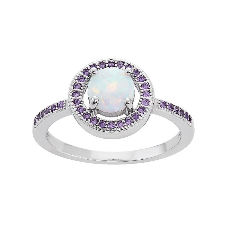 Sterling Silver Lab-Created Opal & Cubic Zirconia Halo Ring, Womens Purple Product Image