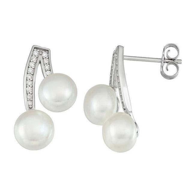 Sterling Silver Freshwater Cultured Pearl Cubic Zirconia Double Drop Earrings, Womens, White Product Image