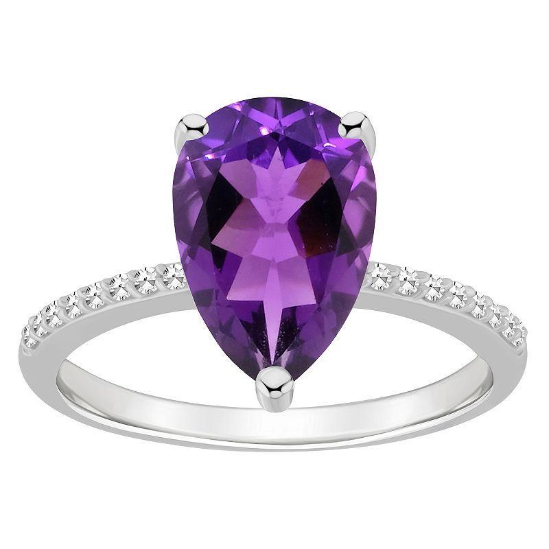 Alyson Layne Sterling Silver 10 mm x 8 mm Pear Shape Gemstone & 1/10 Carat T.W. Diamond Ring, Womens Purple Product Image