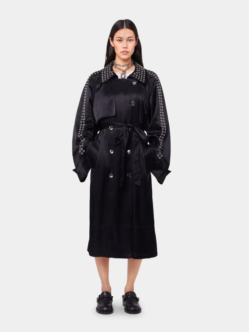 BLACK LONG TRENCH COAT IN SATIN Product Image