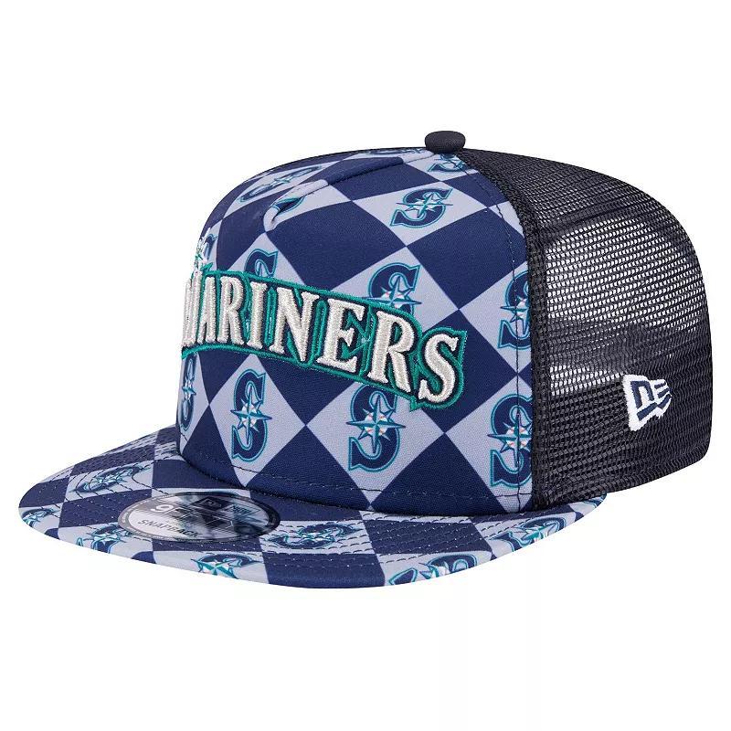 Mens New Era Seattle Mariners Seeing Diamonds A-Frame Trucker 9FIFTY Snapback Hat, Blue Product Image