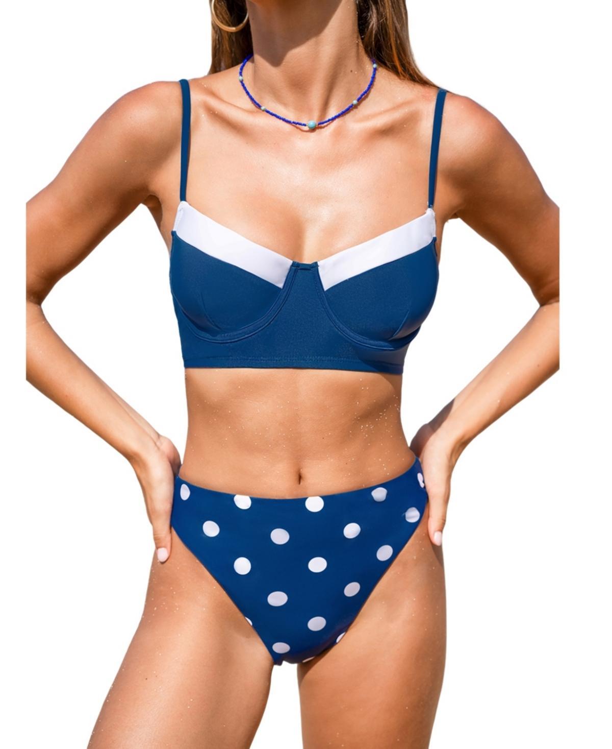 Cupshe Womens Feeling Dotty Lace-Up Bikini Top & Reversible Bottoms Set blue Product Image