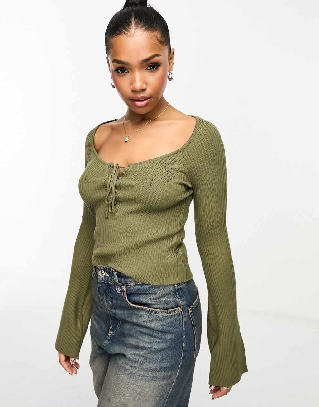 Miss Selfridge lace up detail sweetheart neck flare sleeve knit ribbed top in khaki Product Image