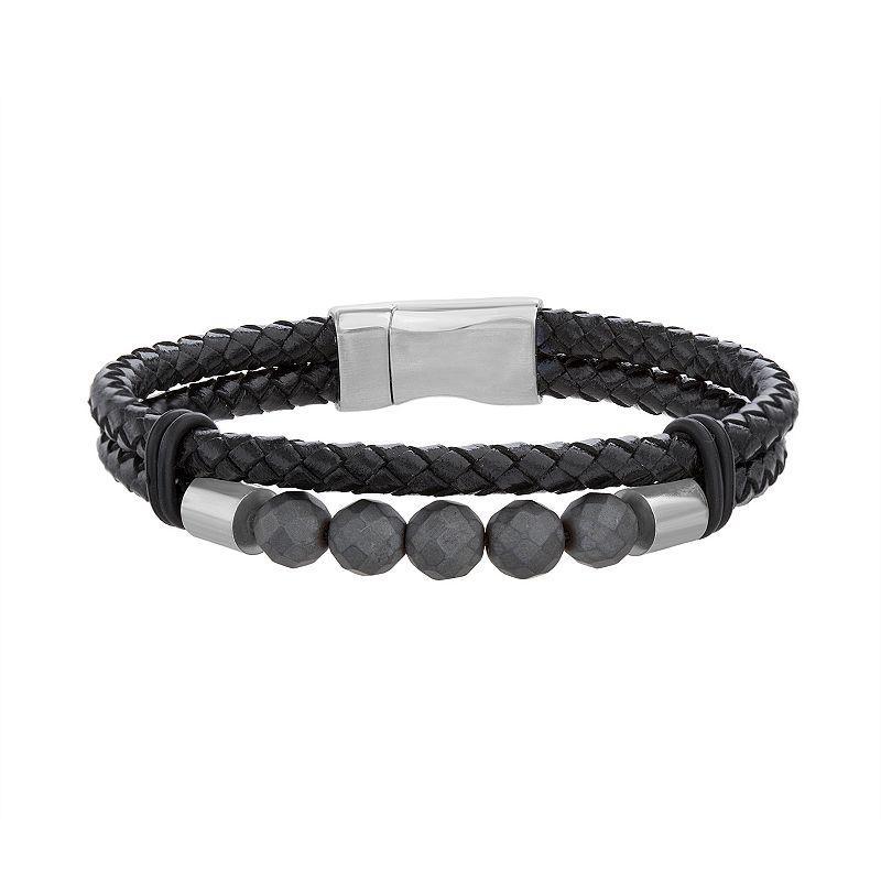 1913 Mens Vegan Leather Synthetic Hematite Bead Bracelet with Stainless Steel Clasp Black Product Image