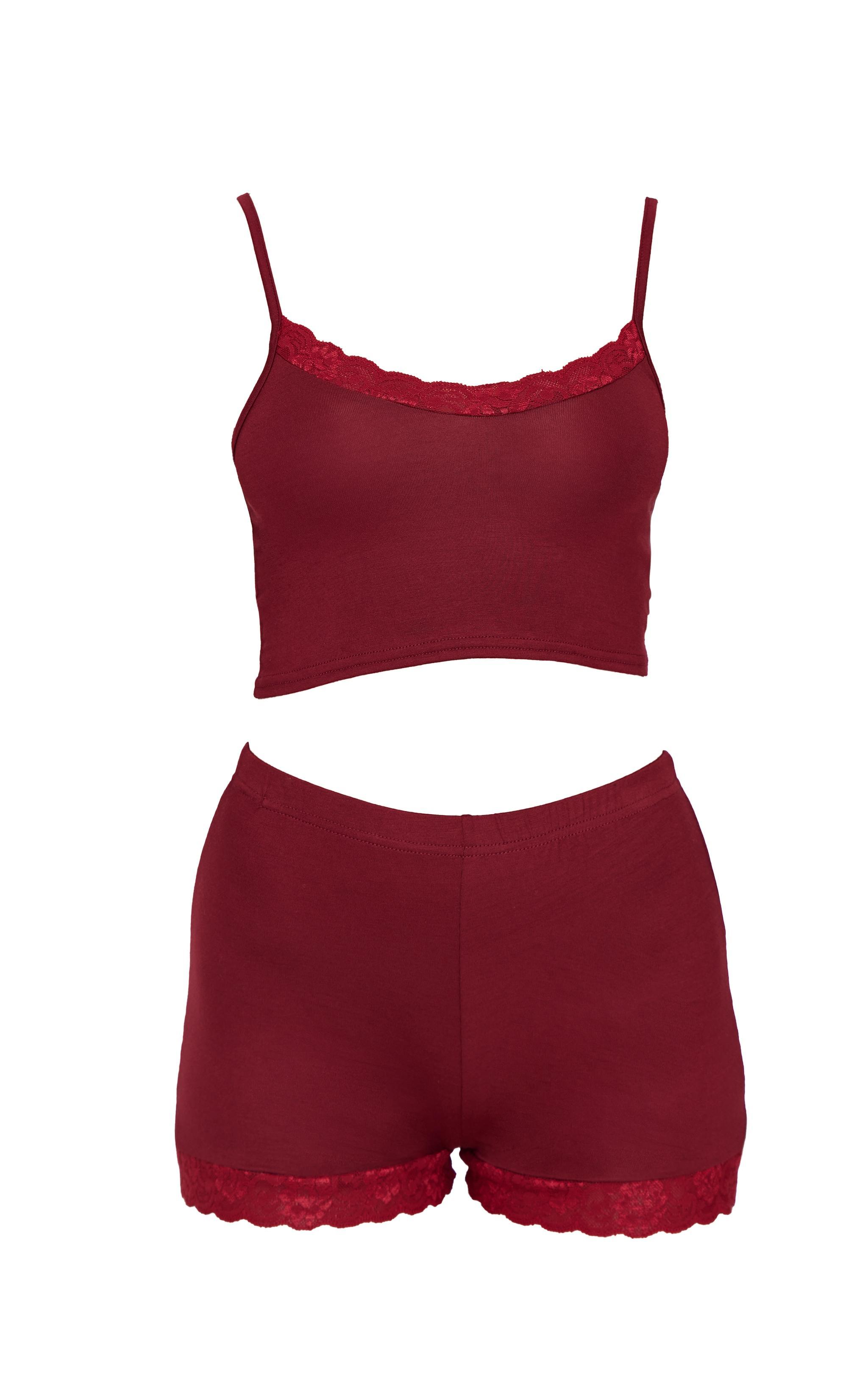 Burgundy Lace Trim Cami Short Pj Set Product Image