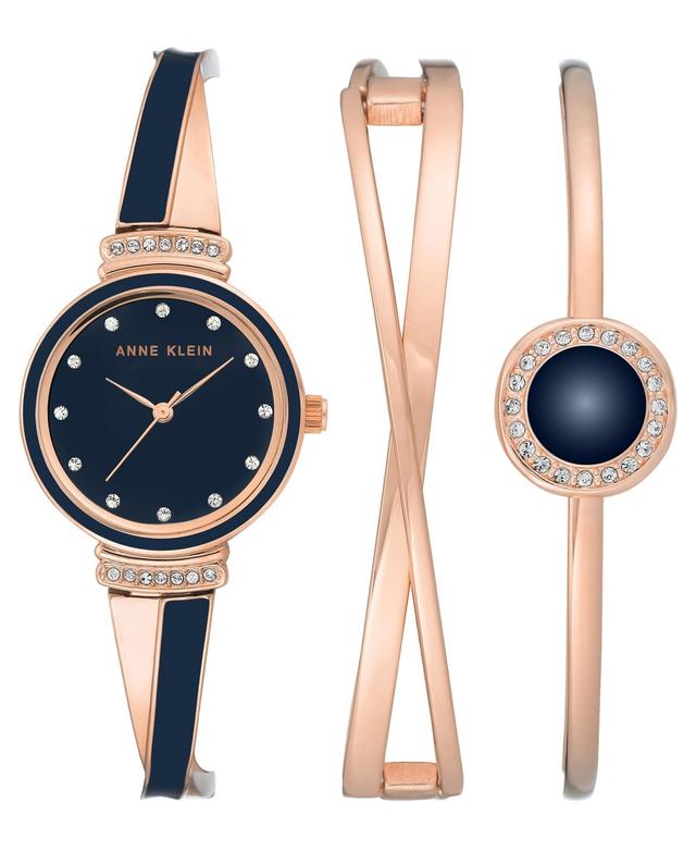 Anne Klein Womens Rose Gold-Tone Alloy Bangle Enamel and Crystal Accents Fashion Watch 33mm Set 3 Pieces - Rose Gold-Tone, Navy Product Image