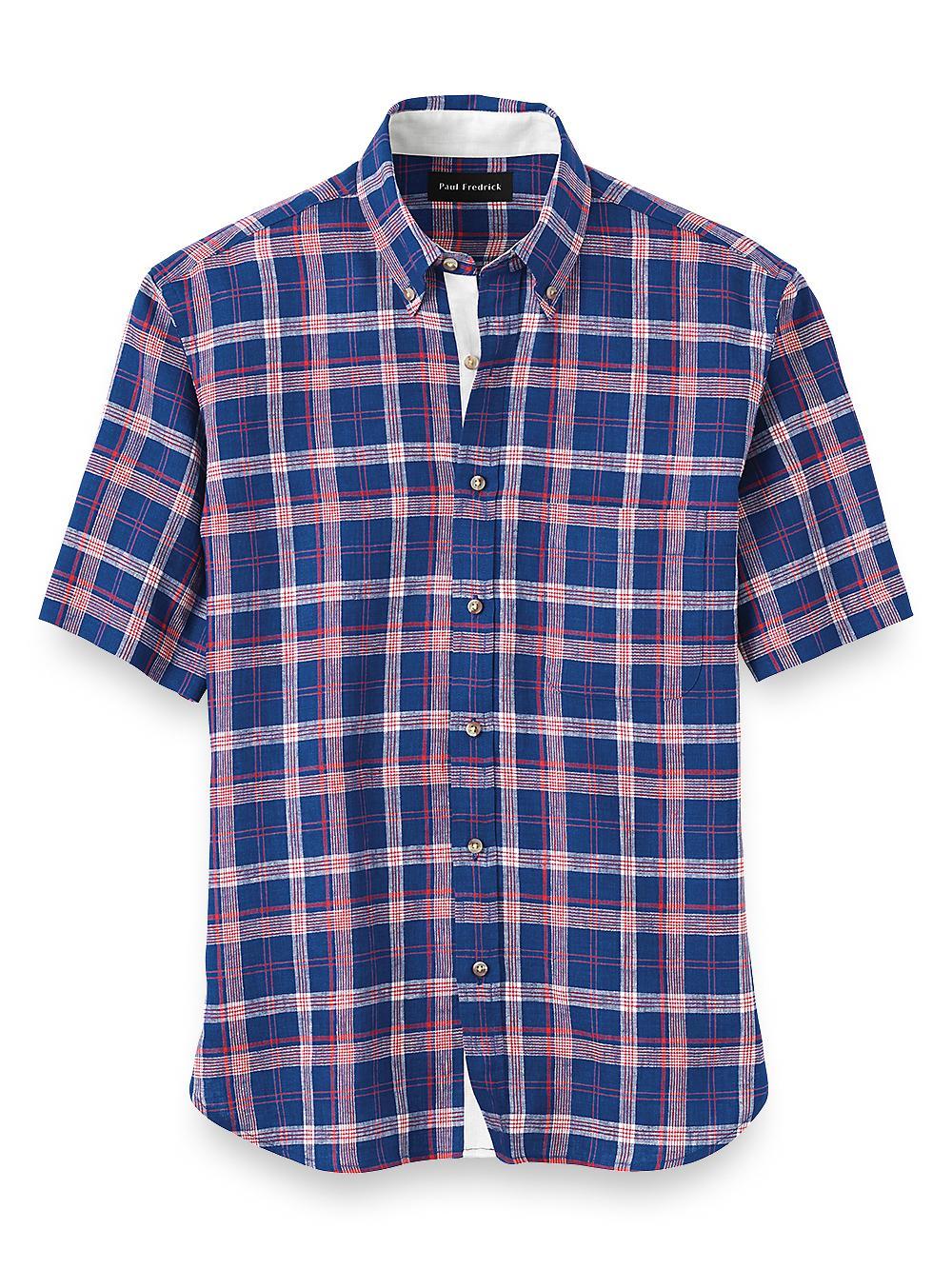 Linen Plaid Casual Shirt - Blue/red Product Image