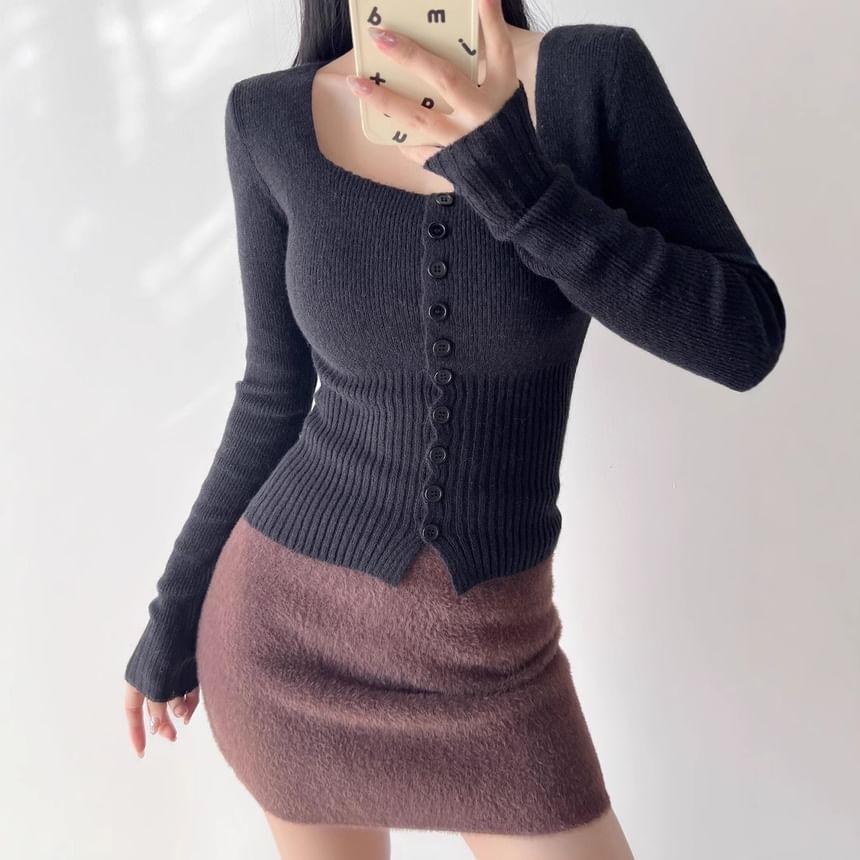 Long Sleeve Square-Neck Plain Ribbed-Knit Slim-Fit Crop Cardigan Product Image