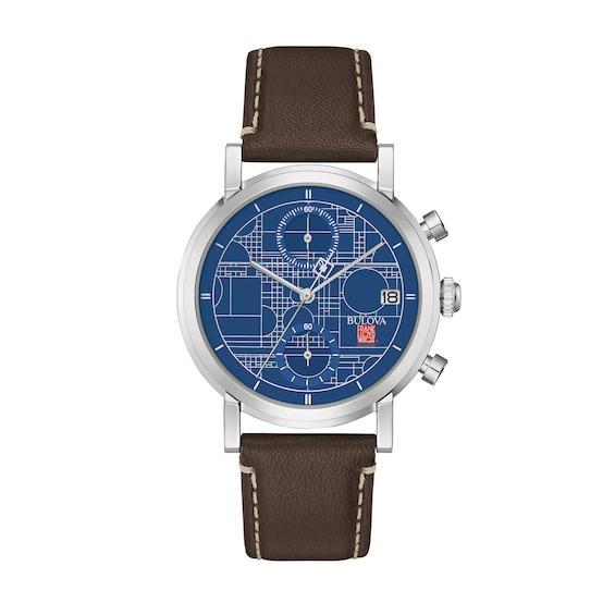 Bulova Mens Chronograph Frank Lloyd Wright Blueprint Brown Leather Strap Watch 39mm Product Image