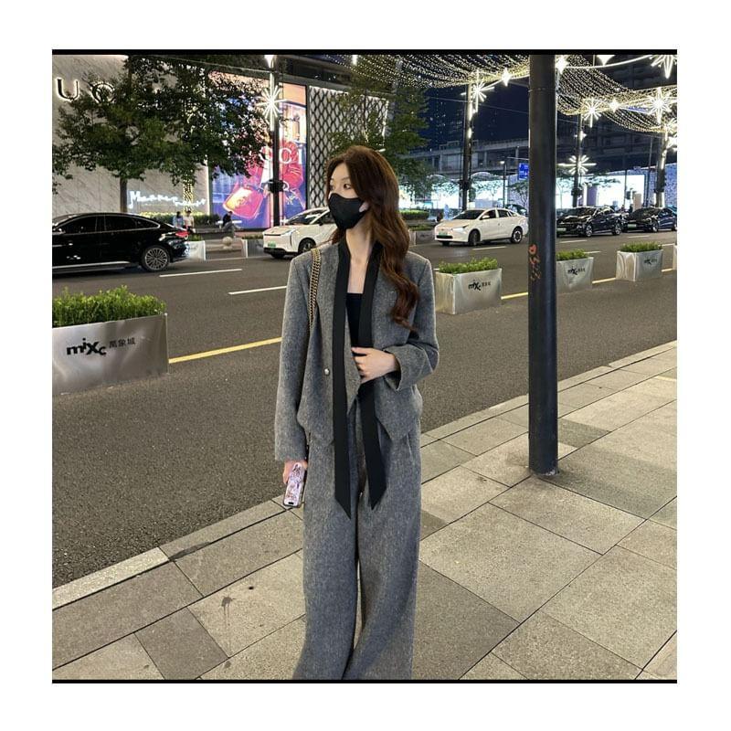 Set: V-Neck Melange Panel Double Breasted Blazer + High Rise Wide Leg Dress Pants Product Image