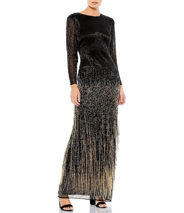 Mac Duggal Ombre Beaded Crew Neck Long Sleeve Sheath Gown Product Image