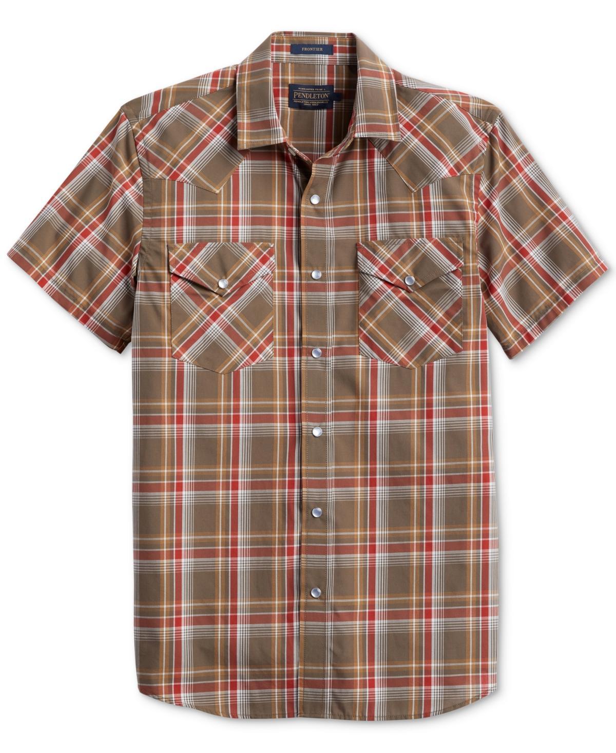 Pendleton Mens Frontier Plaid Short Sleeve Button-Front Shirt - Aegean, Brick Product Image