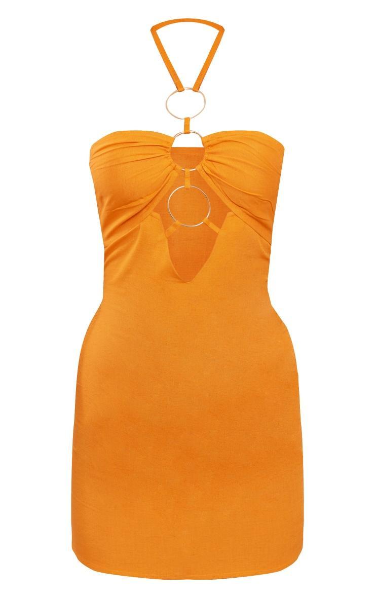 Orange Linen Look Multi Ring Detail Halter Bodycon Dress Product Image