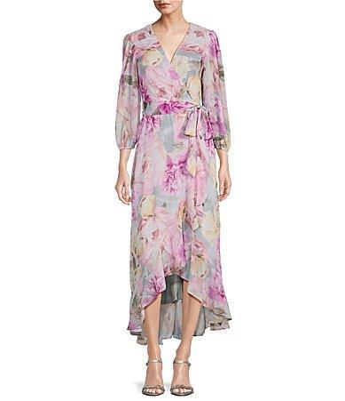 Jessica Howard Floral Print 34 Balloon Sleeve High-Low Hem Wrap Dress Product Image