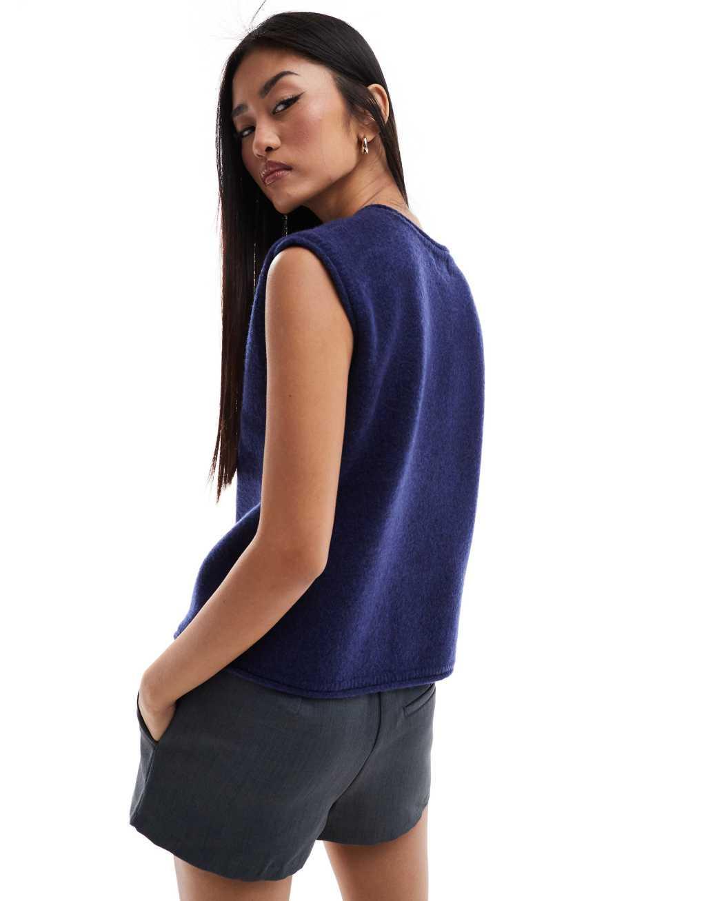 ASOS DESIGN knitted crew neck boxy vest in navy Product Image