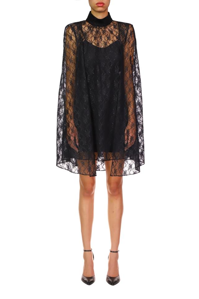 Black Floral Lace Cape Mini Dress Product Image