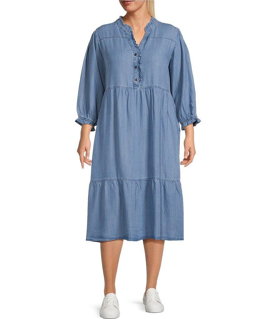 Nurture by Westbound Plus Size V-Neck 3/4 Sleeve Smocked Chambray Sheath Midi Dress Product Image