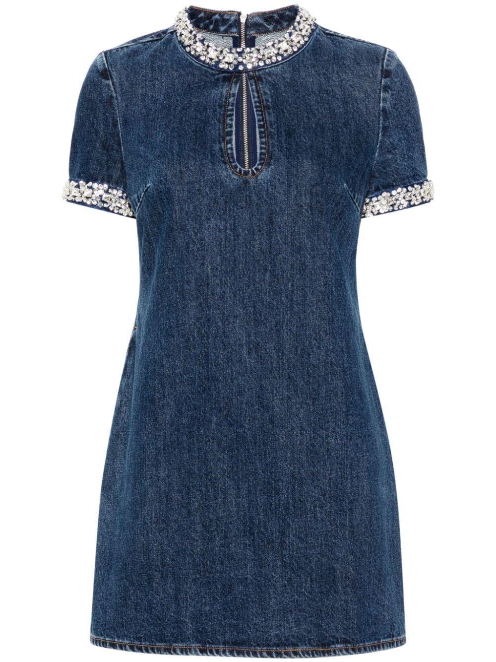 Embellished Denim Short-sleeve Mini Dress In Blue Product Image