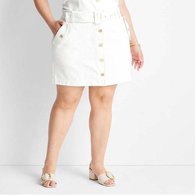 Womens Belted Button-Front Denim Mini Skirt - Future Collective with Jenee Naylor White Product Image