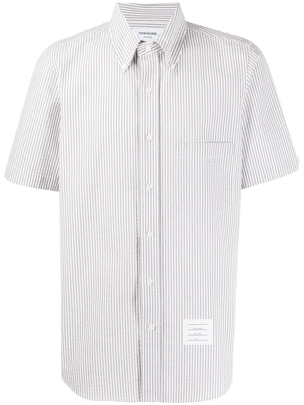 THOM BROWNE Striped Short-sleeved Seersucker Shirt In Grey Product Image