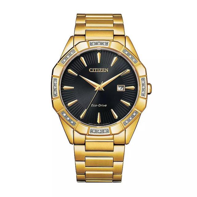 Citizen Mens Eco-Drive Classic Gold Tone Stainless Steel Diamond Accent Black Dial Bracelet Watch Product Image