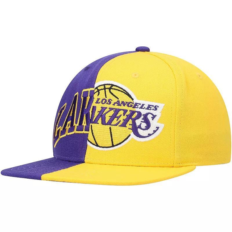 Mens Mitchell & Ness /Gold Los Angeles Lakers Half and Half Snapback Hat Product Image