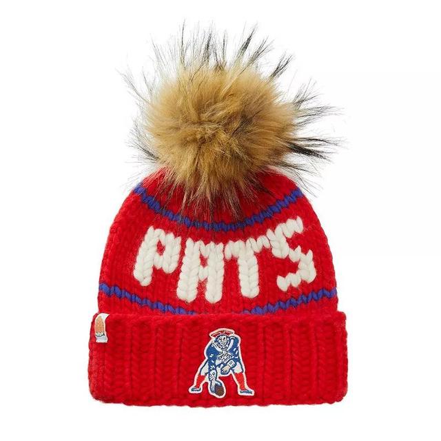 Womens Sh*t That I Knit Red New England Patriots Hand-Knit Brimmed Merino Wool Beanie with Faux Fur Pom Pom Product Image