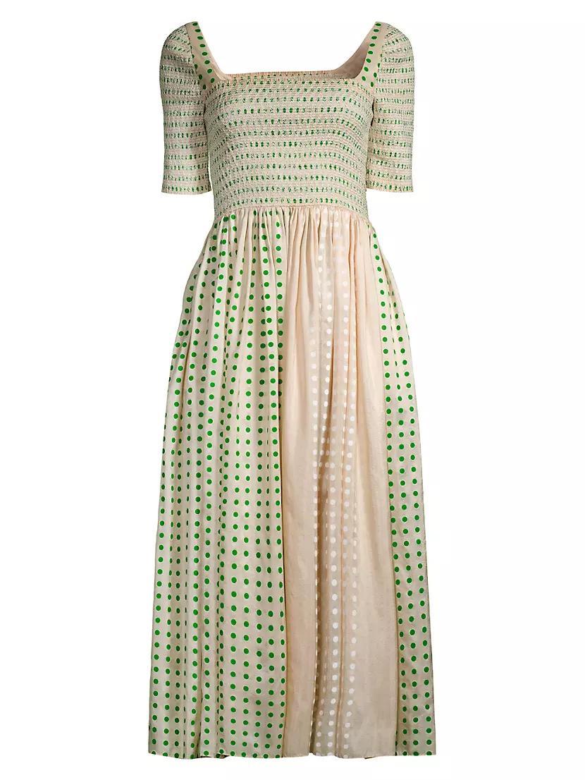 Silk Dotted Smocked Midi-Dress Product Image